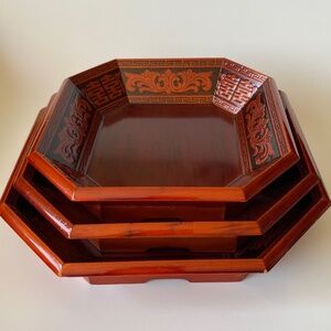 Korean Wooden Lacquer Serving Bowls Set of 3 Octagon Shaped Stackable Vintage